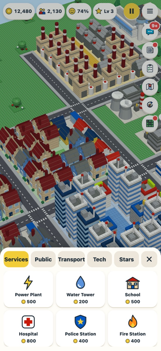 The Build menu: power plant, water tower, school, hospital, police and fire station.