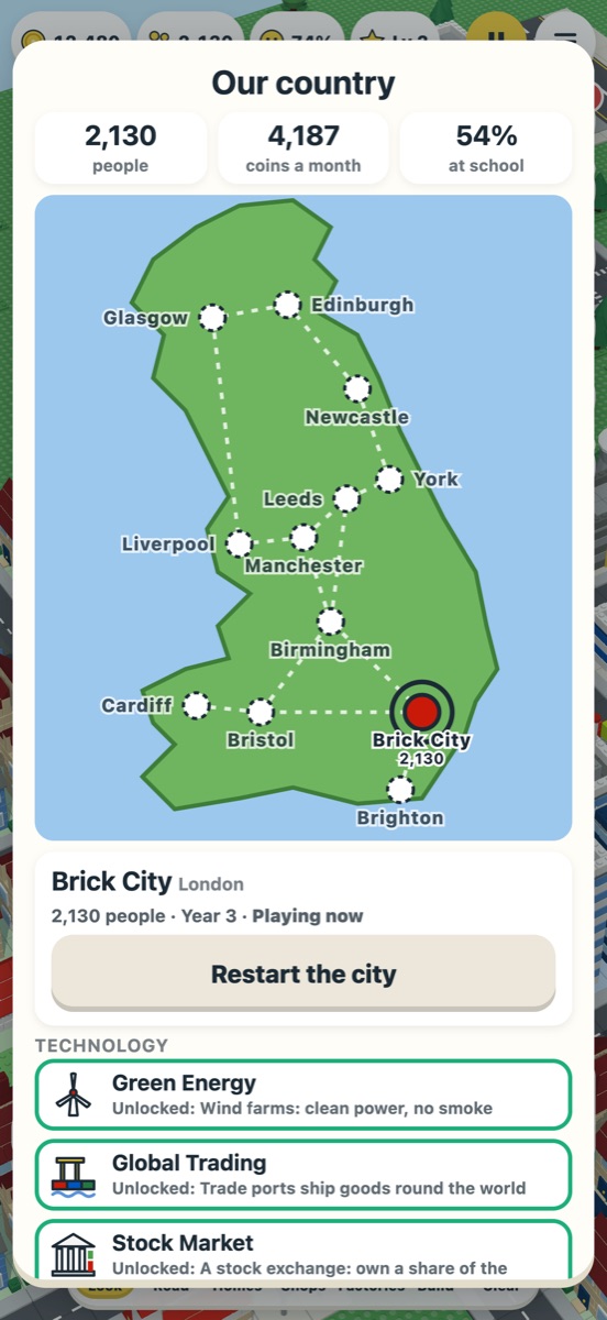 The country map with towns linked by motorways and railways, and technologies to unlock.