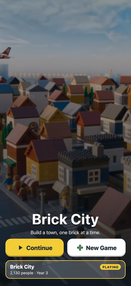 The Brick City home screen with Continue and New Game.