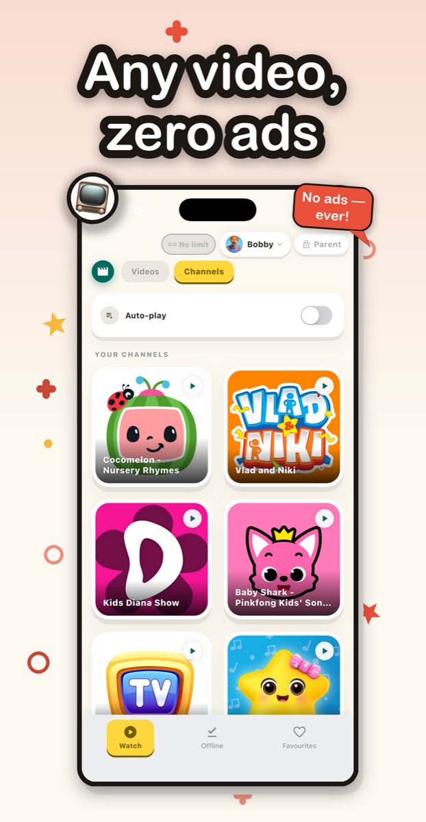 Kids Video Box on a phone: a grid of parent-approved channels such as Cocomelon, Vlad and Niki and Baby Shark, under the headline 'Any video, zero ads'.