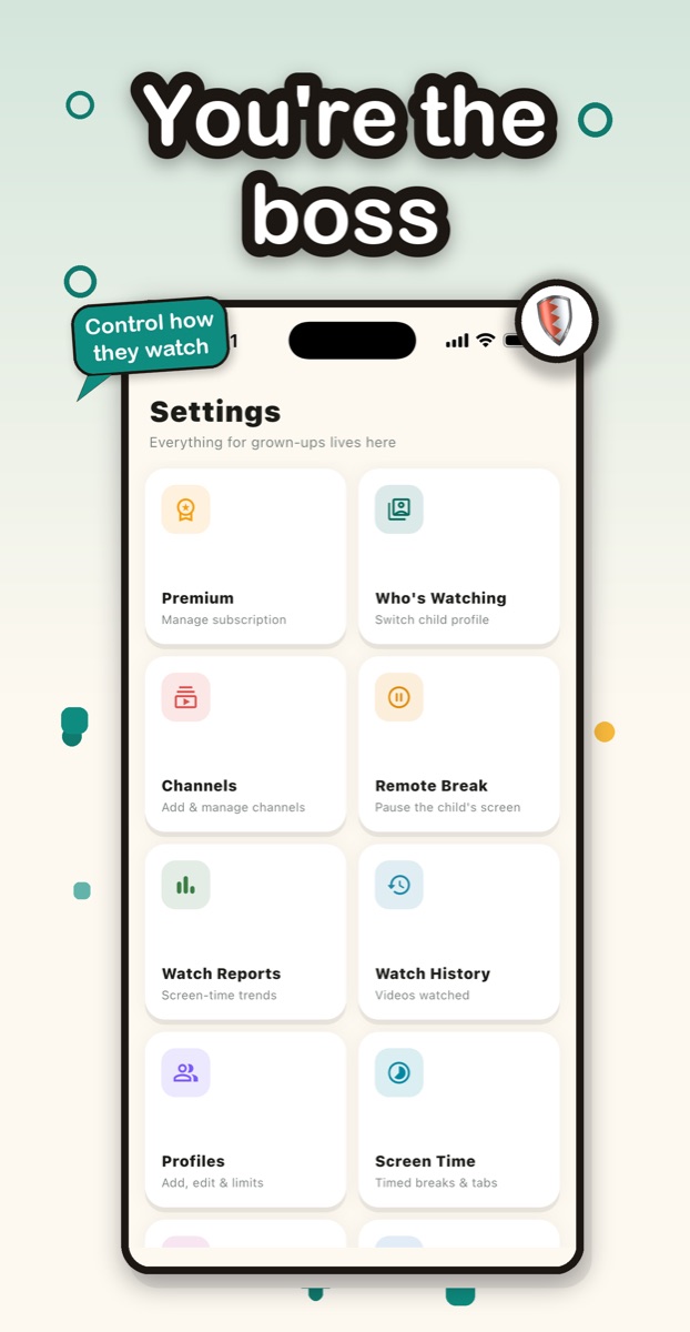 The Settings launchpad: Channels, Remote Break, Watch Reports, Watch History, Profiles and Screen Time.