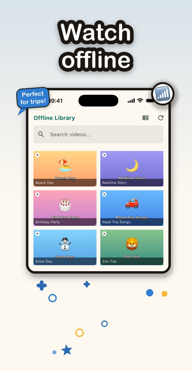 The Offline Library with a grid of your own transferred videos.