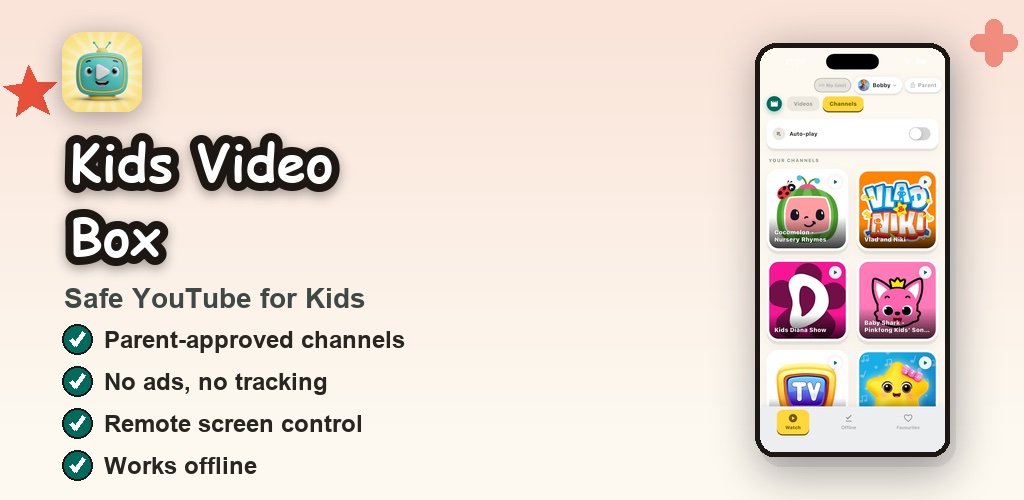 Kids Video Box: safe YouTube for kids — parent-approved channels, no ads, no tracking, remote screen control, works offline.